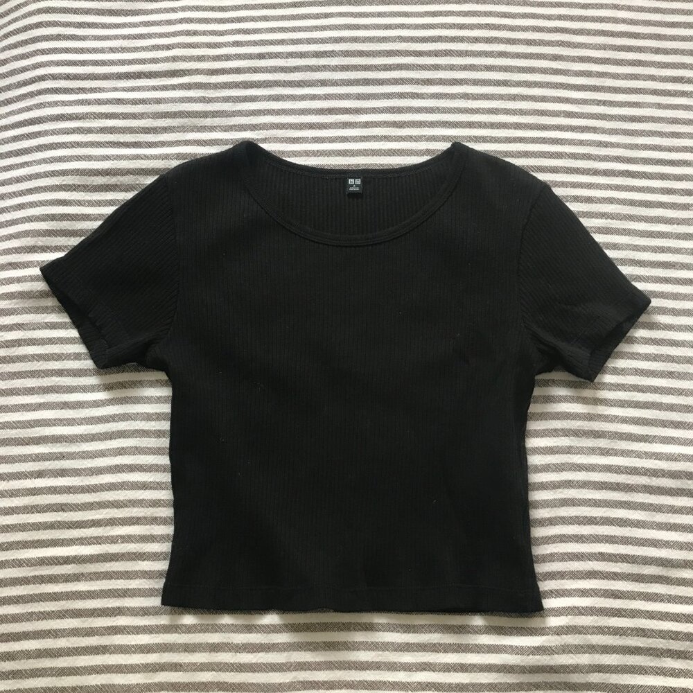 Ribbed Crew Neck Short-Sleeve Cropped T-Shirt, Black